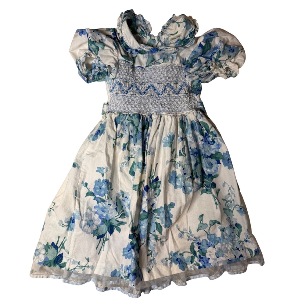 Polly Flinders Vintage Girls Smocked Floral Dress Blue Cottagecore  Size 5 USA